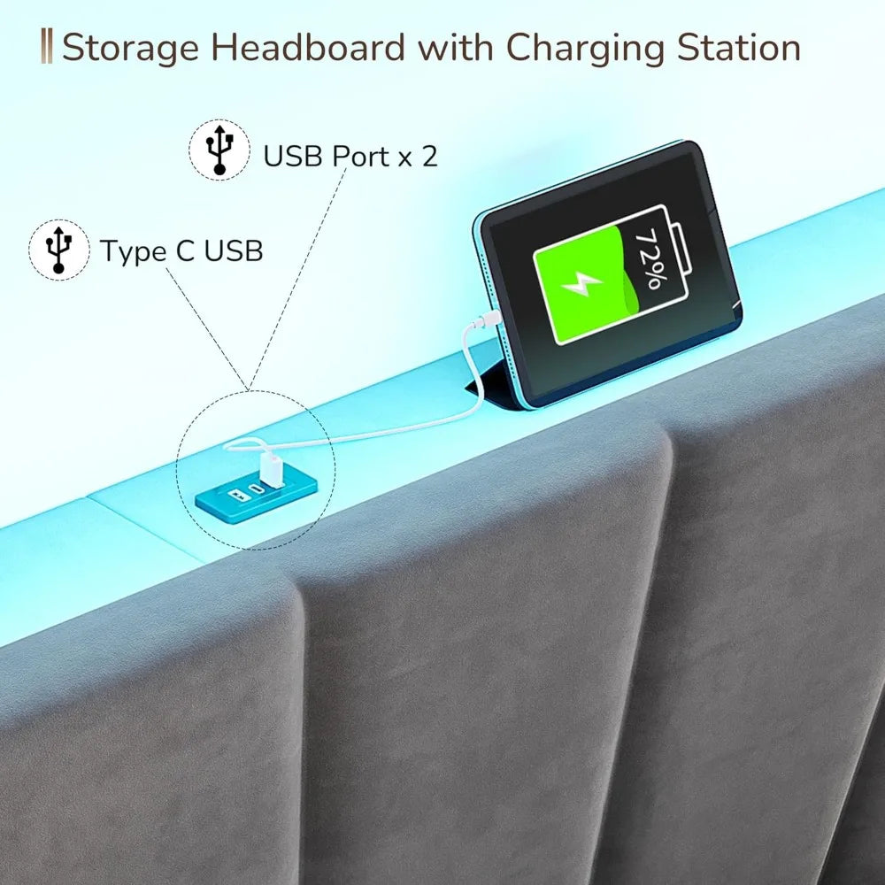 EnHomee Bed Frame With Velvet Headboard LED Lights Storage