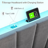 EnHomee Bed Frame With Velvet Headboard LED Lights Storage