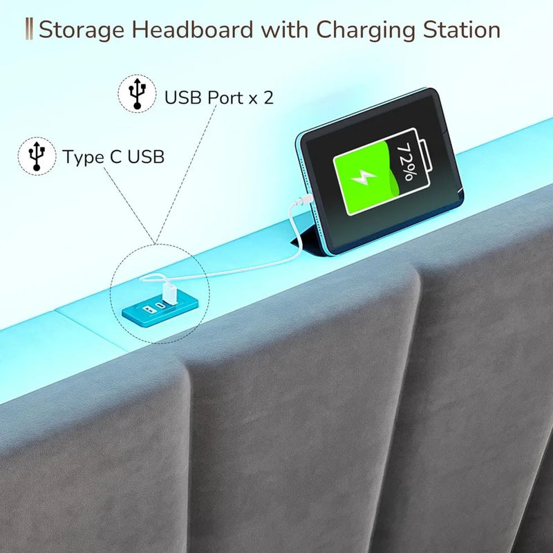 EnHomee Bed Frame With Velvet Headboard LED Lights Storage