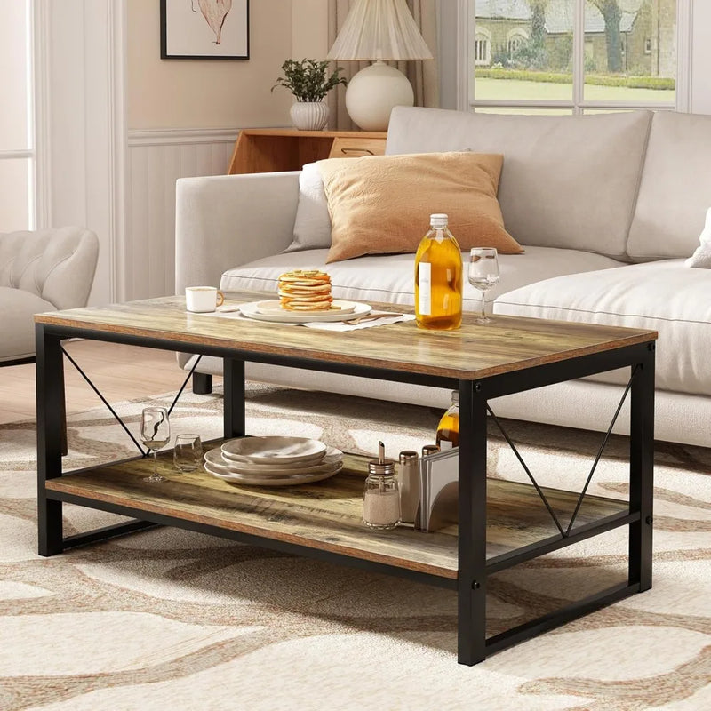 Rustic Farmhouse Coffee Table With Storage Shelf Living Room