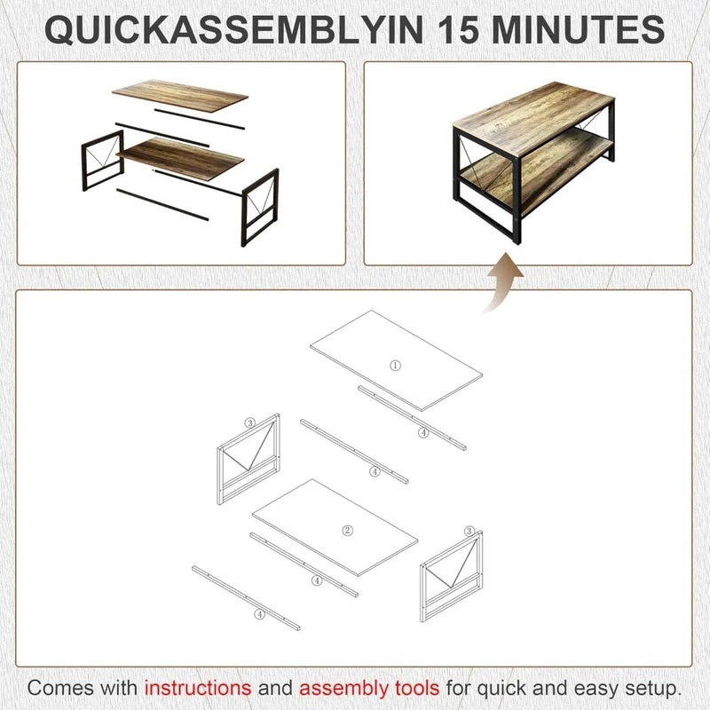 Rustic Farmhouse Coffee Table With Storage Shelf Living Room