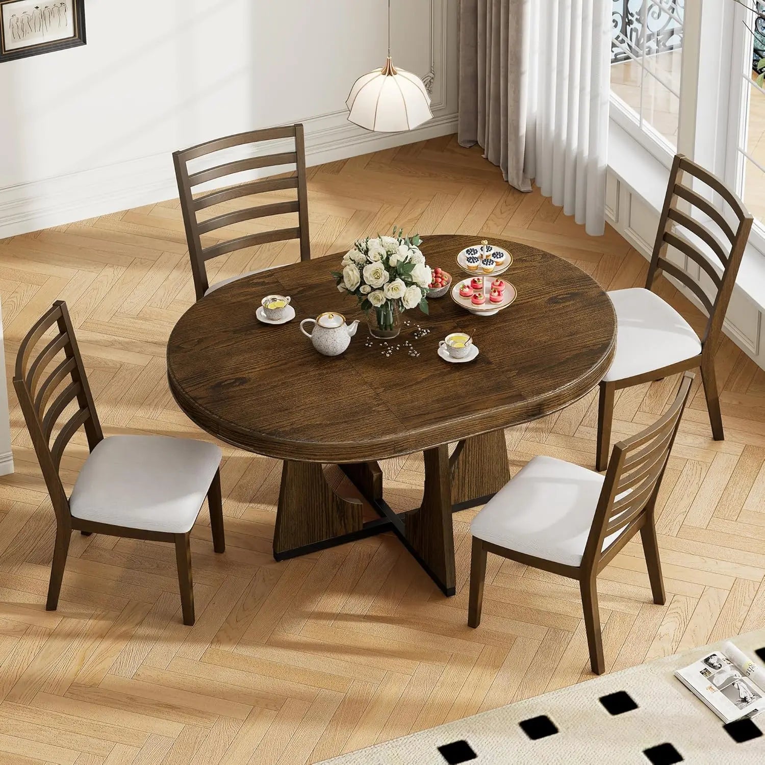 Retro Dining Set Extendable Table And Upholstered Chairs