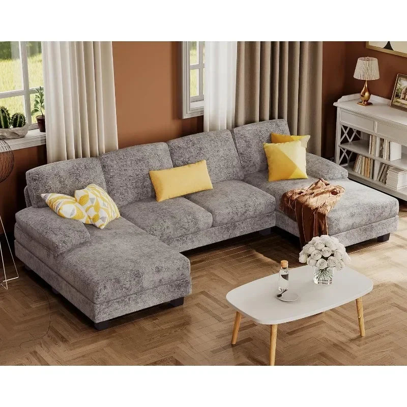 U Shaped Linen Sectional Sofa With Double Chaise Living