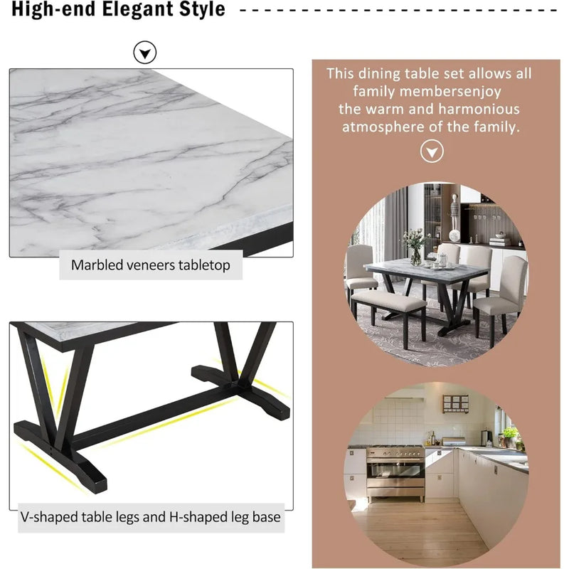 Solid Wood Faux Marble Dining Table Set With Bench