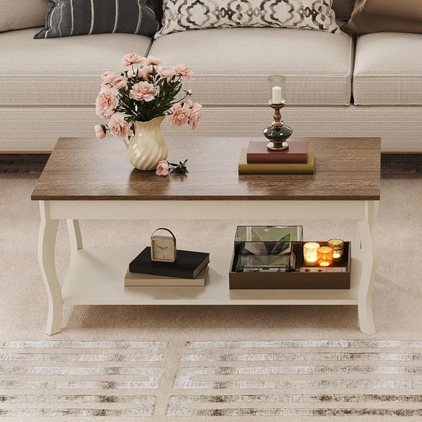 Rustic Coffee Table With Curved Legs And Shelf Centerpiece