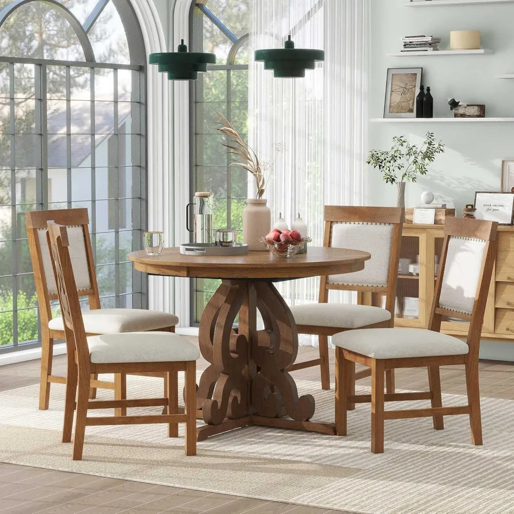 Retro Dining Set Extendable Table And Upholstered Chairs