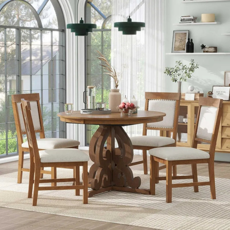 Retro Dining Set Extendable Table And Upholstered Chairs