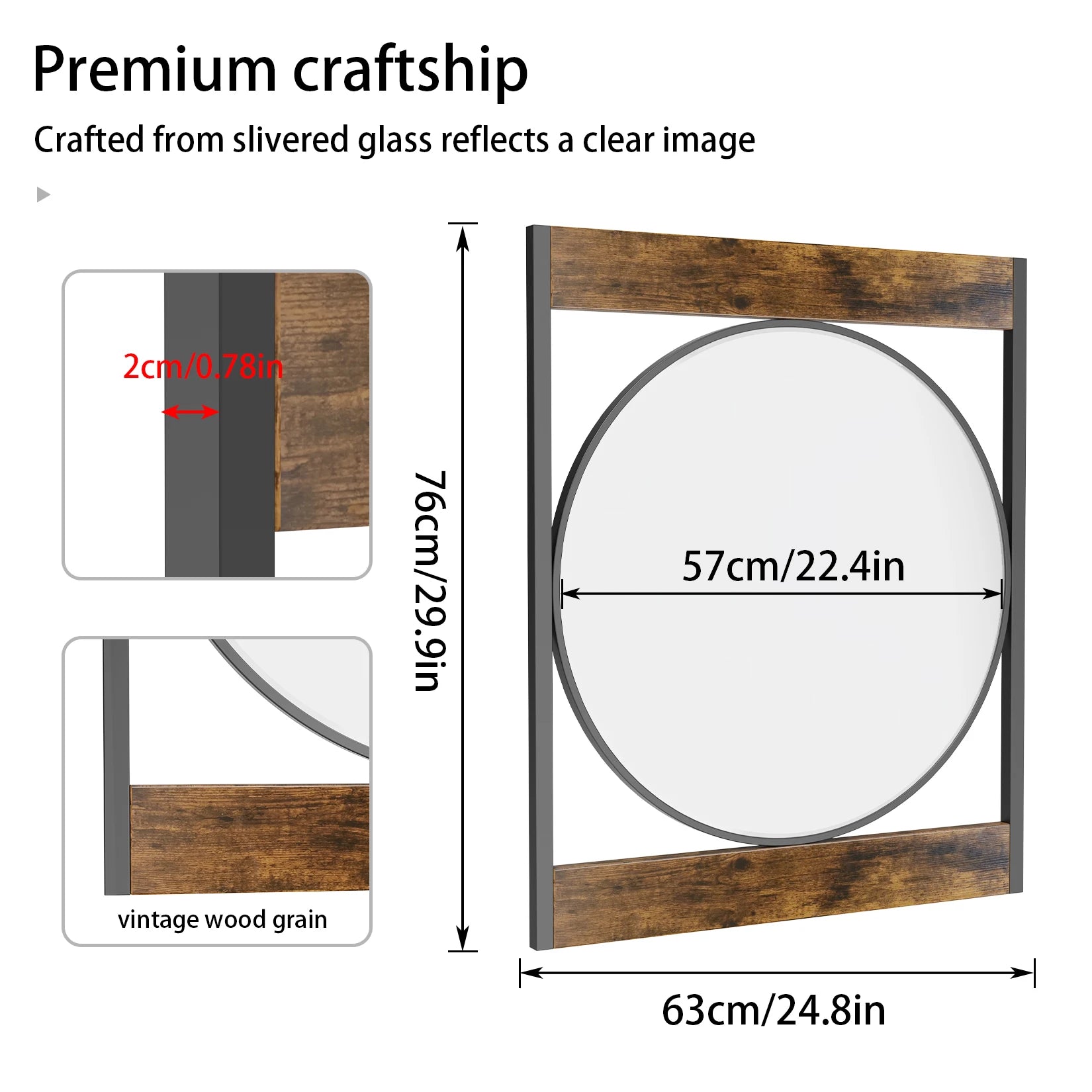 63x76CM Industrial Metal Wood Frame Wall Mounted Mirror Bathroom Living Room Decorative Mirror