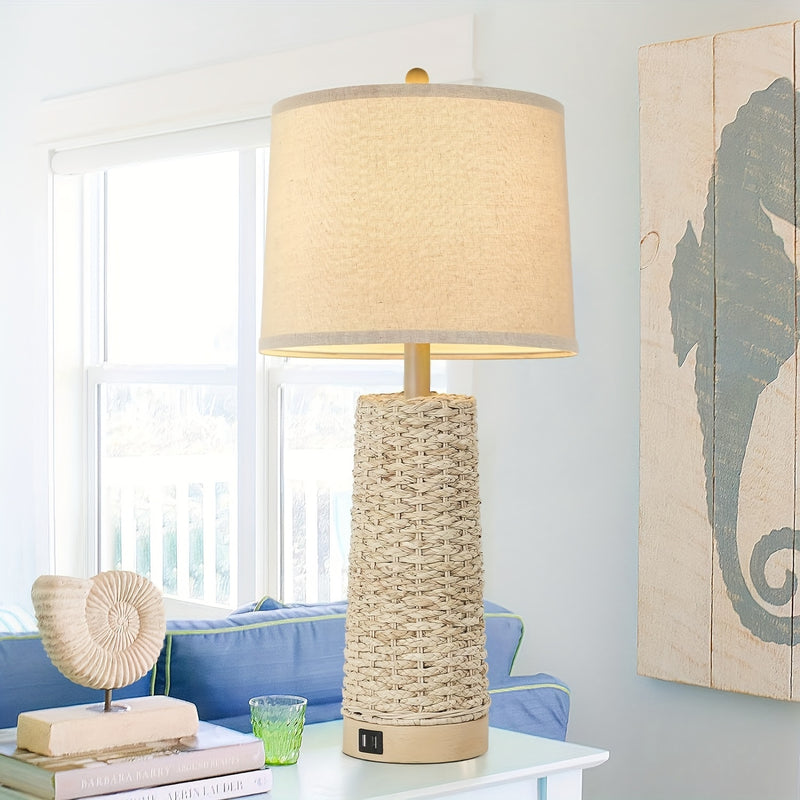 Rattan Table Lamp Set with Dual USB Charging Ports