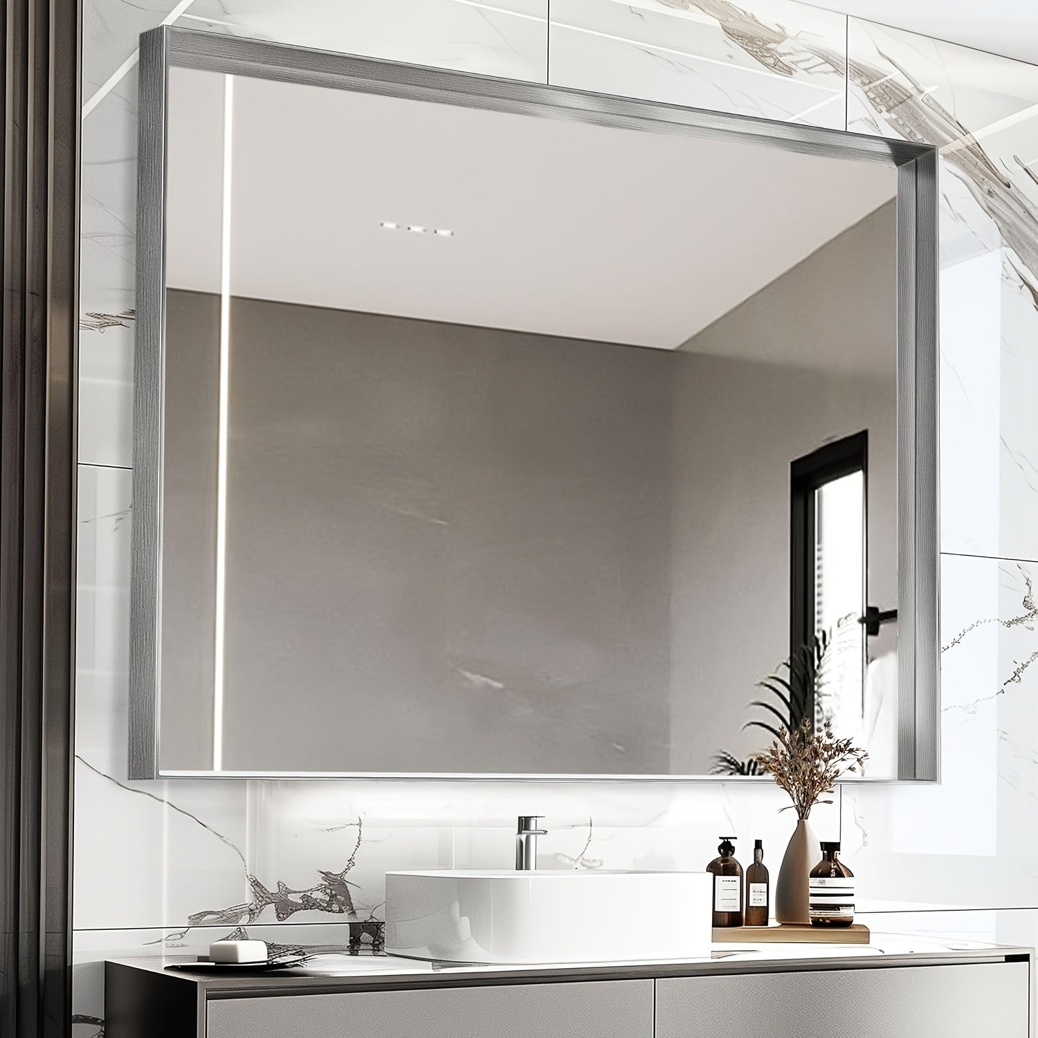 Wall Mounted Makeup Mirror with Unbreakable Glass and Brushed Finish