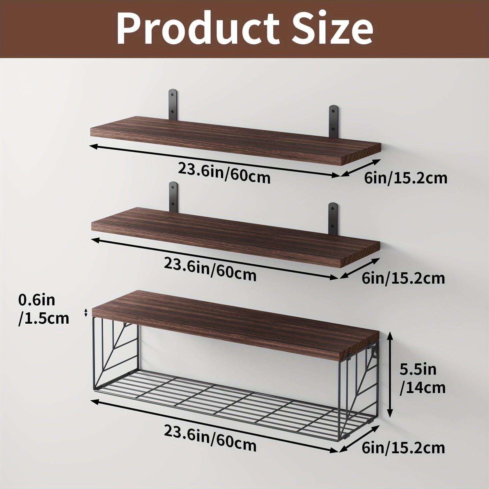 Dark Brown Floating Shelves with Metal Basket for Home Decor