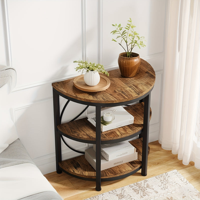 Rustic 3-Tier Half Round End Table with Shelves