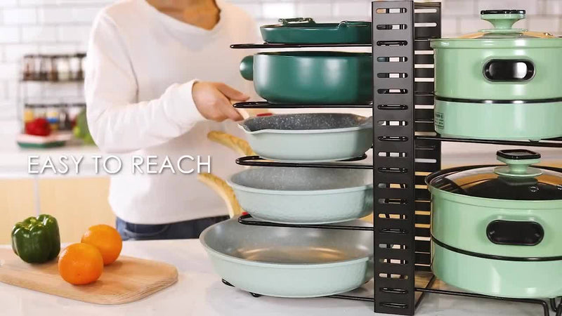 Adjustable 8-Tier Pot and Pan Organizer Rack for Kitchens