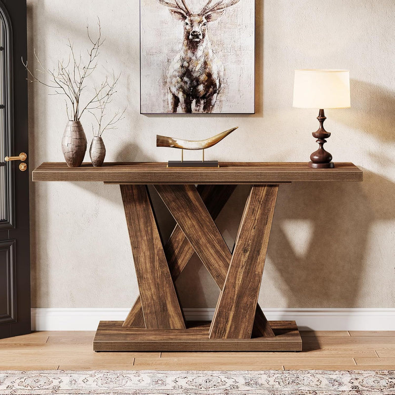 Farmhouse Geometric Base Console Table for Entryway and Living Room