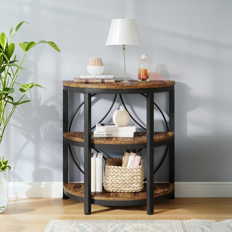 Rustic 3-Tier Half Round End Table with Shelves