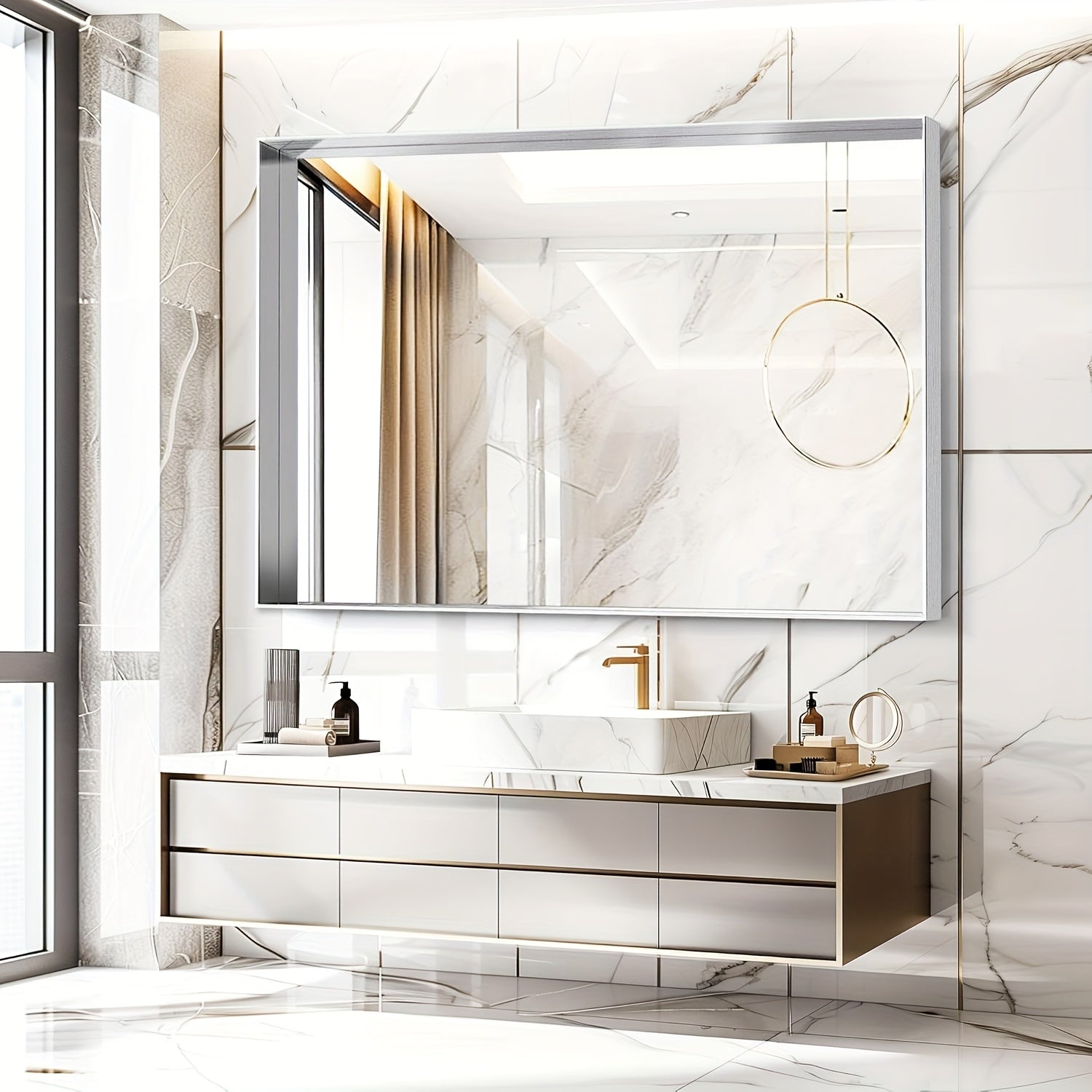 Wall Mounted Makeup Mirror with Unbreakable Glass and Brushed Finish