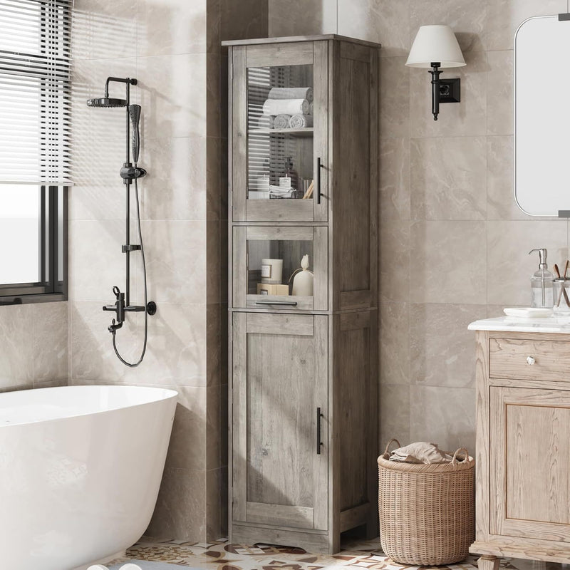 Rustic Slim Bathroom Storage Cabinet with Doors and Shelves
