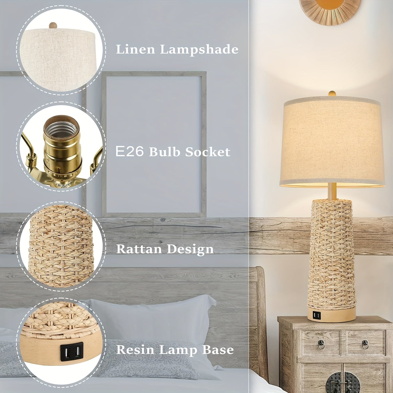Rattan Table Lamp Set with Dual USB Charging Ports