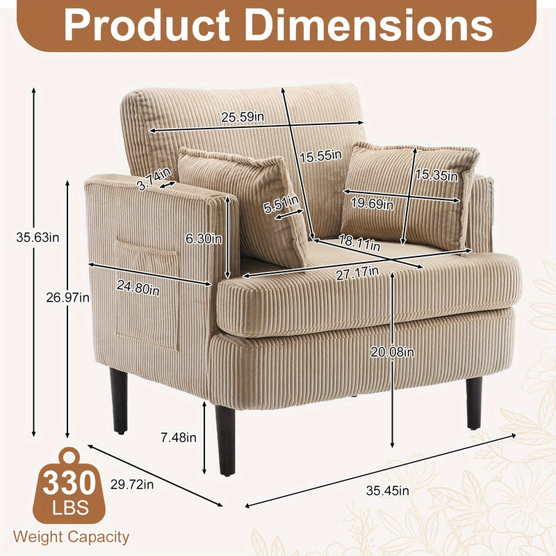 Modern Corduroy Oversized Armchair with Pillows and Side Pocket