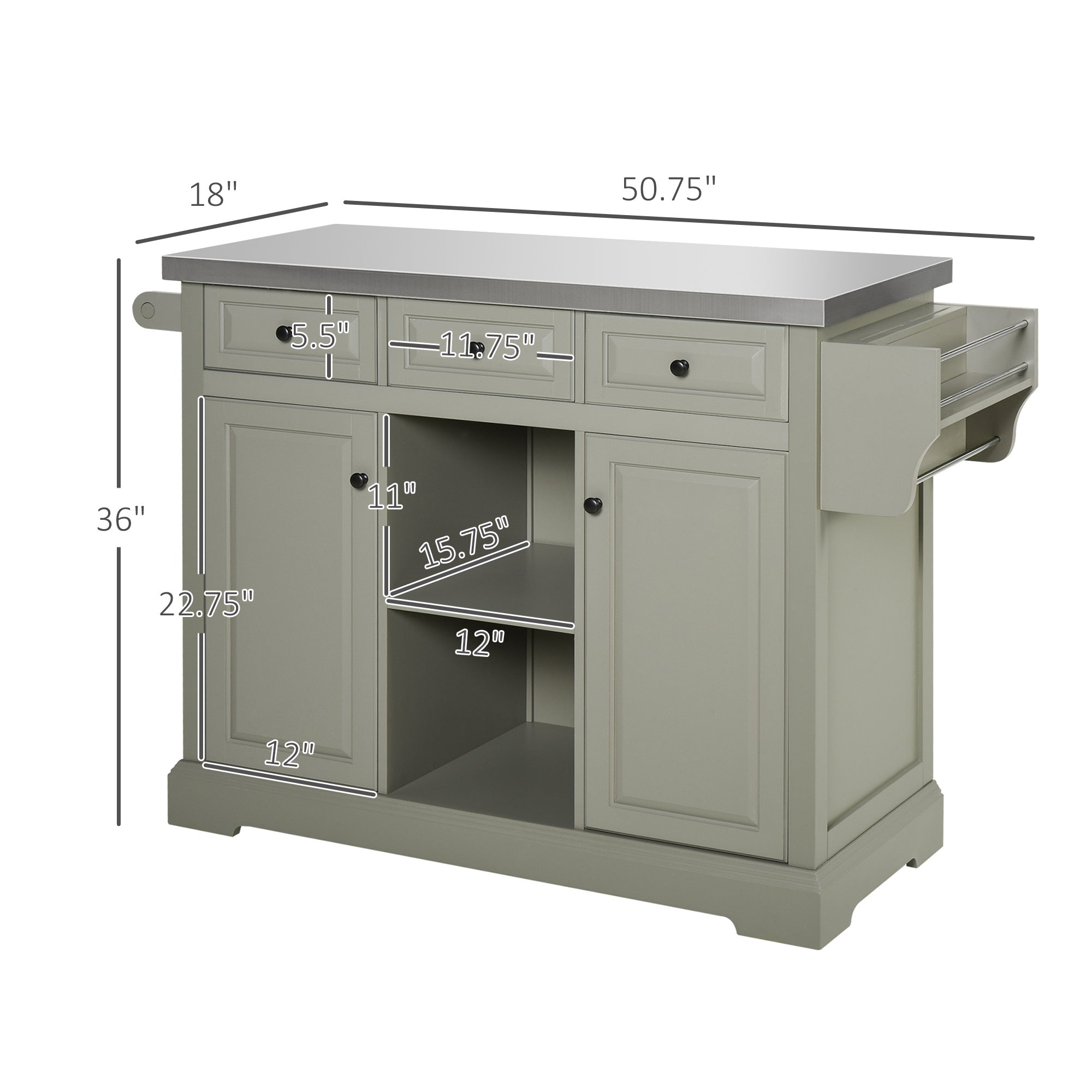 Rolling Kitchen Island Cart with Storage and Stainless Steel Top