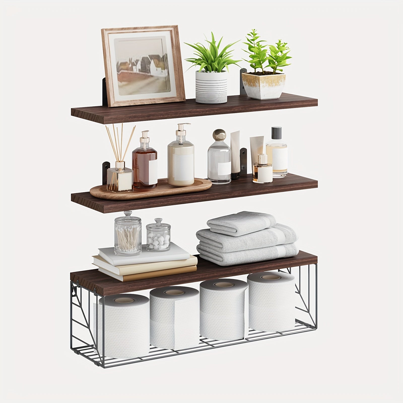 Dark Brown Floating Shelves with Metal Basket for Home Decor